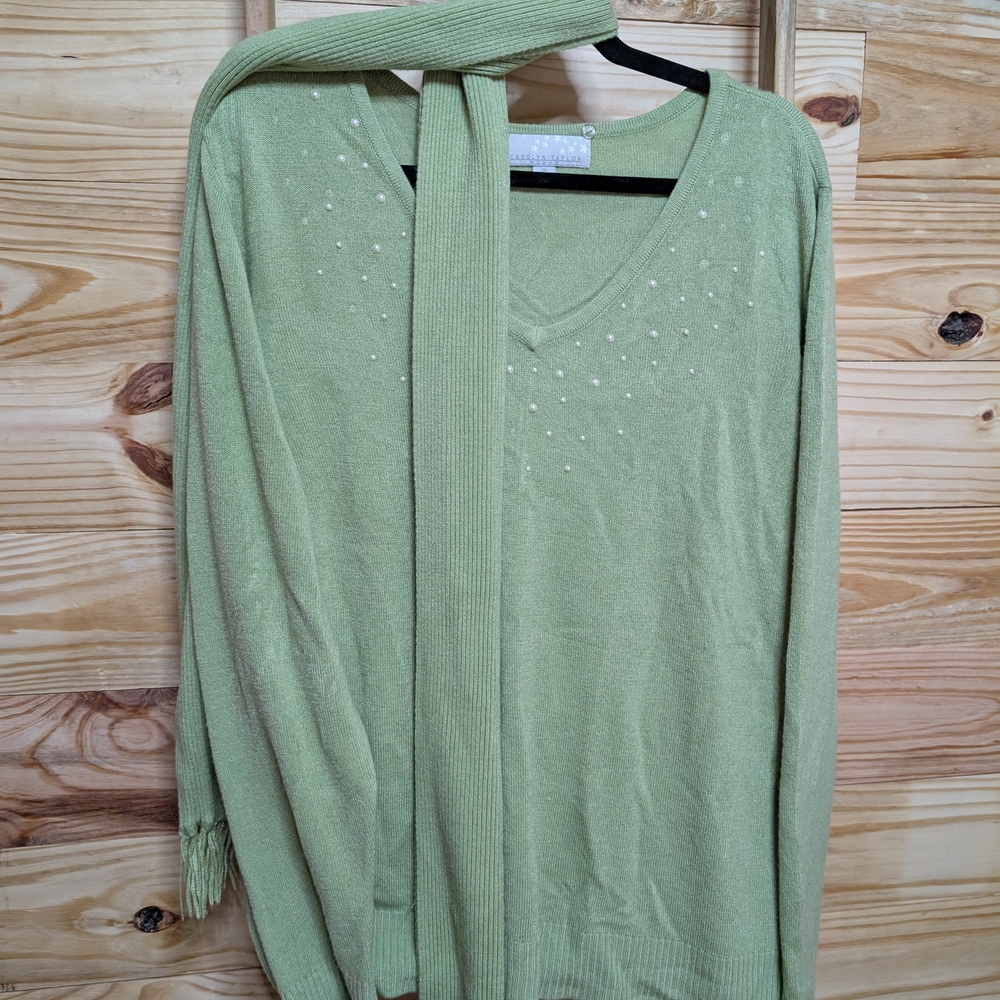Carolyn Taylor ♥️ Green Knit Topwith Matching Scarf